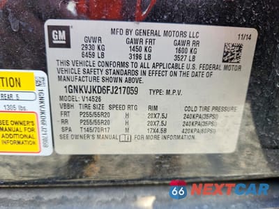 Zdjęcie 13 z 13 samochodu: 2015 CHEVROLET TRAVERSE LTZ VIN:1GNKVJKD6FJ217059 - miniatura