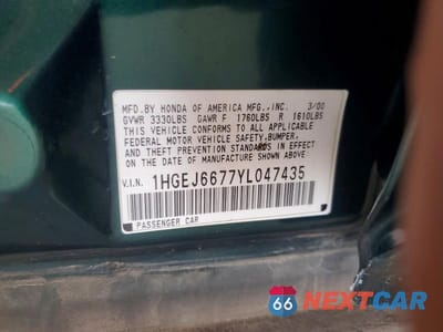 Zdjęcie 12 z 12 samochodu: 2000 HONDA CIVIC LX VIN:1HGEJ6677YL047435 - miniatura