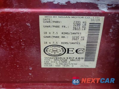 Zdjęcie 14 z 14 samochodu: 2020 NISSAN MURANO SV VIN:5N1AZ2BS0LN107489 - miniatura