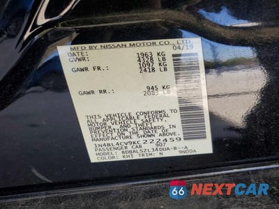 Zdjęcie 12 z 12 samochodu: 2019 NISSAN ALTIMA 2.5 SR VIN:1N4BL4CV9KC222459 - miniatura