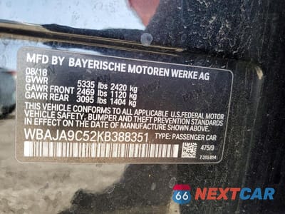 Zdjęcie 12 z 12 samochodu: 2019 BMW 530E VIN:WBAJA9C52KB388351 - miniatura