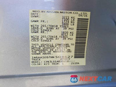 Zdjęcie 12 z 12 samochodu: 2017 NISSAN TITAN SV VIN:1N6AA1E67HN508627 - miniatura
