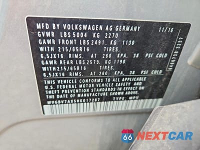 Zdjęcie 13 z 13 samochodu: 2017 VOLKSWAGEN TIGUAN S VIN:WVGBV7AX5HK017287 - miniatura