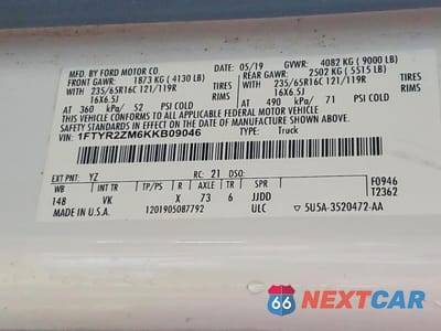 Zdjęcie 14 z 14 samochodu: 2019 FORD TRANSIT 250 UTILITY / SERVICE VAN VIN:1FTYR2ZM6KKB09046 - miniatura