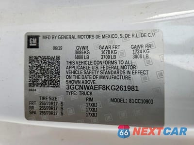 Zdjęcie 12 z 12 samochodu: 2019 CHEVROLET SILVERADO C1500 VIN:3GCNWAEF8KG261981 - miniatura