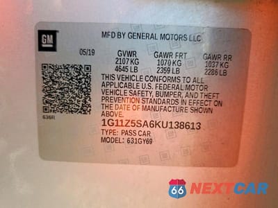 Zdjęcie 13 z 13 samochodu: 2019 CHEVROLET IMPALA LT VIN:1G11Z5SA6KU138613 - miniatura