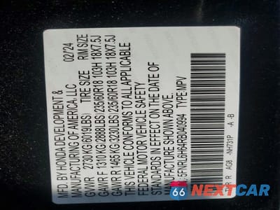 Zdjęcie 13 z 13 samochodu: 2024 HONDA ODYSSEY EXL VIN:5FNRL6H64RB040994 - miniatura