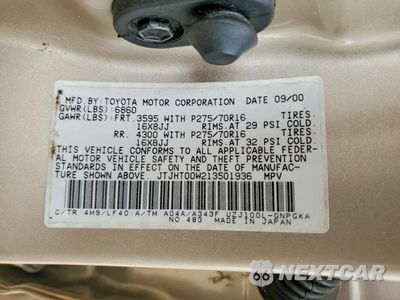 Zdjęcie 13 z 13 samochodu: 2001 LEXUS LX 470 BASE VIN:JTJHT00W213501936 - miniatura