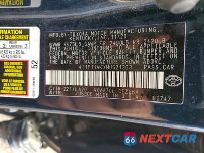 Zdjęcie 12 z 12 samochodu: 2021 TOYOTA CAMRY XLE VIN:4T1F11AKXMU521363 - miniatura