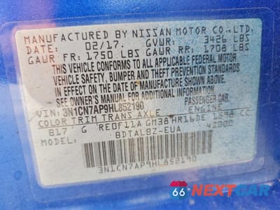 Zdjęcie 12 z 12 samochodu: 2017 NISSAN VERSA 1.6 S VIN:3N1CN7AP9HL852190 - miniatura