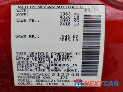 Zdjęcie 12 z 12 samochodu: 2019 NISSAN ALTIMA 2.5 SR VIN:1N4BL4CV1KC212248 - miniatura