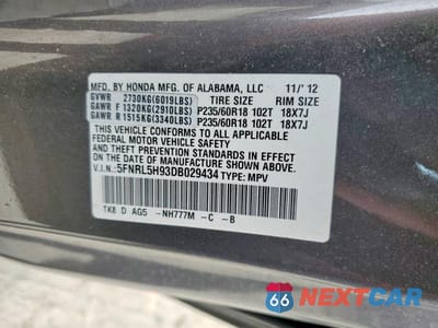 Zdjęcie 13 z 13 samochodu: 2013 HONDA ODYSSEY TOURING VIN:5FNRL5H93DB029434 - miniatura