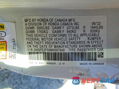 Zdjęcie 13 z 13 samochodu: 2022 HONDA CIVIC SPORT VIN:2HGFE2F58NH587949 - miniatura