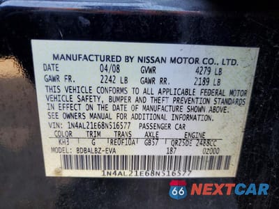 Zdjęcie 12 z 12 samochodu: 2008 NISSAN ALTIMA 2.5 VIN:1N4AL21E68N516577 - miniatura