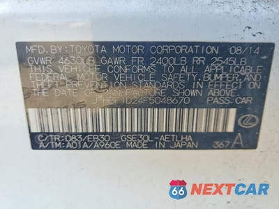 Zdjęcie 12 z 12 samochodu: 2015 LEXUS IS 250 BASE VIN:JTHBF1D24F5048670 - miniatura