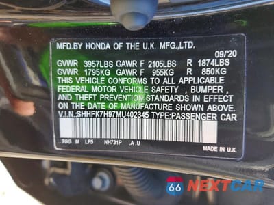 Zdjęcie 13 z 13 samochodu: 2021 HONDA CIVIC SPORT TOURING VIN:SHHFK7H97MU402345 - miniatura