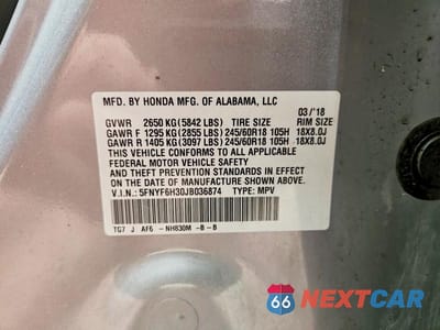 Zdjęcie 13 z 13 samochodu: 2018 HONDA PILOT EX VIN:5FNYF6H30JB036874 - miniatura