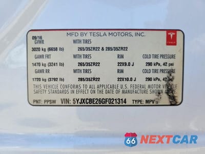 Zdjęcie 12 z 12 samochodu: 2016 TESLA MODEL X VIN:5YJXCBE26GF021314 - miniatura