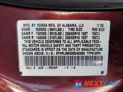 Zdjęcie 14 z 14 samochodu: 2009 HONDA ODYSSEY EXL VIN:5FNRL38639B040595 - miniatura
