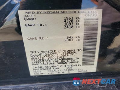 Zdjęcie 12 z 12 samochodu: 2019 NISSAN ALTIMA 2.5 SL VIN:1N4BL4EV6KC234646 - miniatura