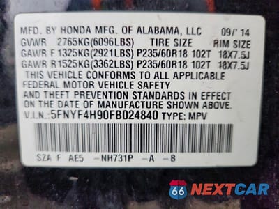 Zdjęcie 13 z 13 samochodu: 2015 HONDA PILOT TOURING VIN:5FNYF4H90FB024840 - miniatura