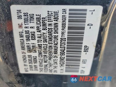Zdjęcie 12 z 12 samochodu: 2004 HONDA CIVIC EX VIN:1HGEM21904L073720 - miniatura