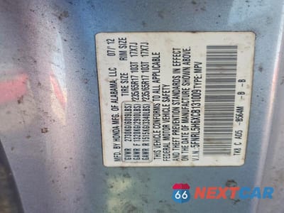 Zdjęcie 13 z 13 samochodu: 2012 HONDA ODYSSEY EXL VIN:5FNRL5H6XCB131009 - miniatura