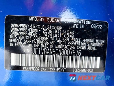 Zdjęcie 12 z 12 samochodu: 2022 SUBARU WRX LIMITED VIN:JF1VBAN60N8007676 - miniatura