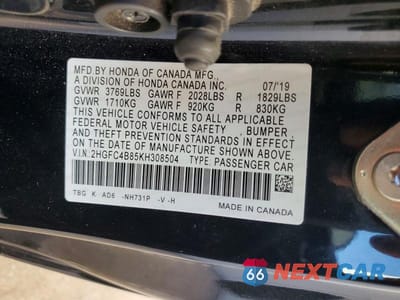Zdjęcie 12 z 12 samochodu: 2019 HONDA CIVIC SPORT VIN:2HGFC4B85KH308504 - miniatura