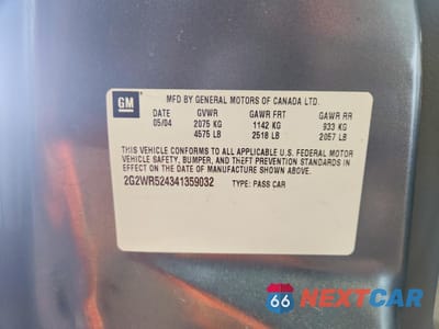 Zdjęcie 12 z 13 samochodu: 2004 PONTIAC GRAND PRIX GTP VIN:2G2WR524341359032 - miniatura