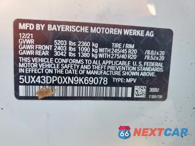 Zdjęcie 13 z 13 samochodu: 2022 BMW X3 SDRIVE30I VIN:5UX43DP0XN9K69078 - miniatura