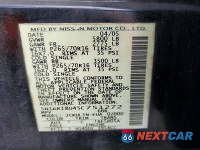 Zdjęcie 13 z 13 samochodu: 2005 NISSAN PATHFINDER XE VIN:5N1AR18U45C751272 - miniatura