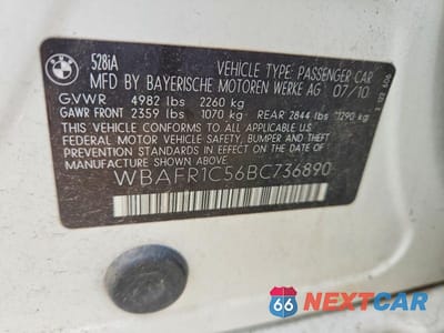 Zdjęcie 12 z 12 samochodu: 2011 BMW 528 I VIN:WBAFR1C56BC736890 - miniatura