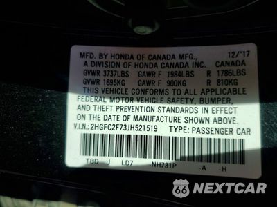 Zdjęcie 12 z 12 samochodu: 2018 HONDA CIVIC EX VIN:2HGFC2F73JH521519 - miniatura