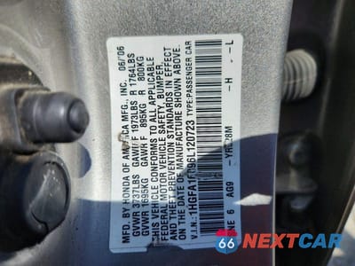 Zdjęcie 12 z 12 samochodu: 2006 HONDA CIVIC EX VIN:1HGFA16896L120723 - miniatura
