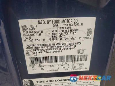 Zdjęcie 12 z 12 samochodu: 2011 FORD F150 SUPERCREW VIN:1FTFW1ET4BFB68001 - miniatura