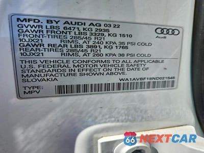 Zdjęcie 12 z 12 samochodu: 2022 AUDI Q8 PREMIUM VIN:WA1AVBF18ND021545 - miniatura