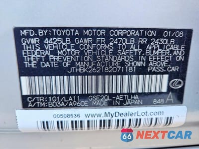 Zdjęcie 12 z 12 samochodu: 2008 LEXUS IS 250 VIN:JTHBK262182071181 - miniatura