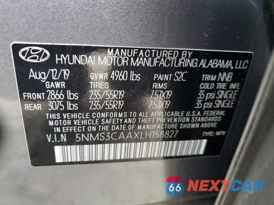 Zdjęcie 12 z 12 samochodu: 2020 HYUNDAI SANTA FE SEL 2.0T VIN:5NMS3CAAXLH158827 - miniatura