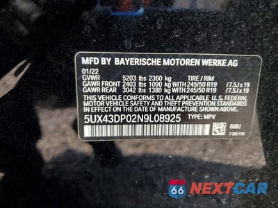 Zdjęcie 13 z 13 samochodu: 2022 BMW X3 SDRIVE30I VIN:5UX43DP02N9L08925 - miniatura