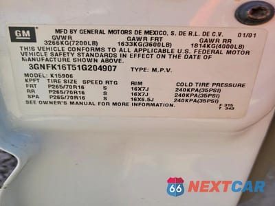 Zdjęcie 12 z 12 samochodu: 2001 CHEVROLET SUBURBAN K1500 VIN:3GNFK16T51G204907 - miniatura