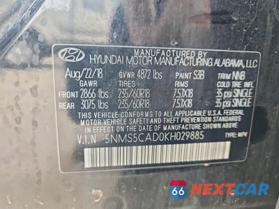 Zdjęcie 12 z 12 samochodu: 2019 HYUNDAI SANTA FE ULTIMATE 2.4L VIN:5NMS5CAD0KH029885 - miniatura