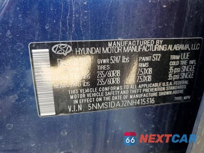 Zdjęcie 12 z 12 samochodu: 2022 HYUNDAI SANTA FE SE VIN:5NMS1DAJ2NH415316 - miniatura