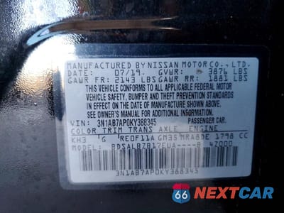 Zdjęcie 12 z 12 samochodu: 2019 NISSAN SENTRA S VIN:3N1AB7AP0KY388345 - miniatura