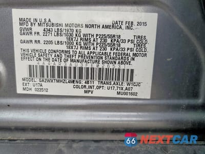 Zdjęcie 13 z 14 samochodu: 2015 MITSUBISHI OUTLANDER SPORT ES VIN:4A4AR3AU3FE026531 - miniatura