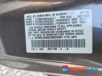 Zdjęcie 14 z 14 samochodu: 2012 HONDA ODYSSEY EXL VIN:5FNRL5H65CB053481 - miniatura