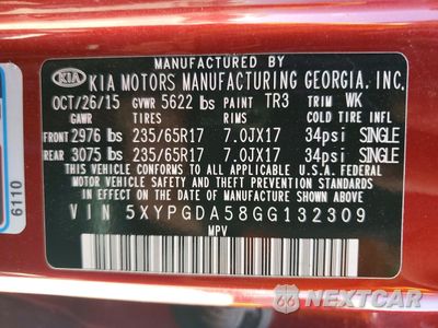 Zdjęcie 13 z 13 samochodu: 2016 KIA SORENTO LX V6 VIN:5XYPGDA58GG132309 - miniatura