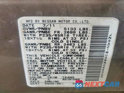 Zdjęcie 13 z 13 samochodu: 2011 NISSAN MURANO S VIN:JN8AZ1MU8BW068323 - miniatura