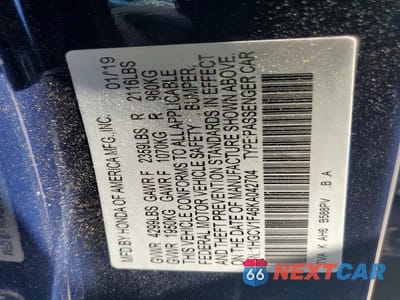 Zdjęcie 13 z 13 samochodu: 2019 HONDA ACCORD EX VIN:1HGCV1F46KA042704 - miniatura