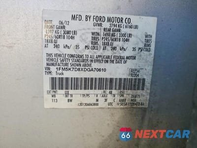 Zdjęcie 12 z 12 samochodu: 2013 FORD EXPLORER XLT VIN:1FM5K7D8XDGA70610 - miniatura
